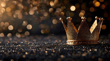 Poster - Stunning golden crown sits elegantly on dark surface, surrounded by mesmerizing blur of golden bokeh lights. crown intricate design sparkles, evoking sense of royalty and celebration