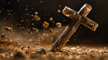 Poster - Floating crystal cross surrounded by light particles and dust, creating mystical atmosphere. scene evokes sense of wonder and spirituality