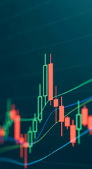 Poster - Close-up of candlestick chart showing financial market data, red and green candlesticks represent price movements, illustrating stock market trends and analysis