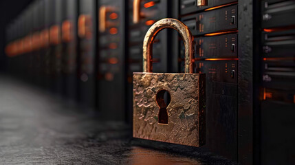 Poster - Floating digital padlock symbolizes security over database structure, representing importance of data protection and privacy in digital age