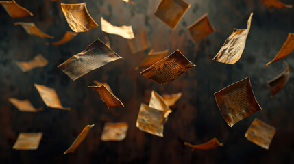 Poster - Floating sheets of aged paper create mesmerizing visual effect, evoking sense of nostalgia and mystery. warm tones and dynamic movement enhance artistic appeal of this captivating scene