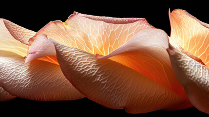 Poster - Delicate flower petal texture with soft curves and warm colors, showcasing intricate details and gentle glow against dark background