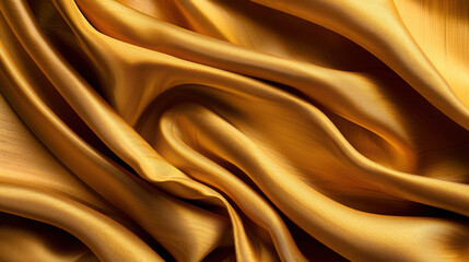 Poster - Luxurious golden silk fabric texture with flowing waves and soft sheen, creating elegant and rich appearance that evokes sense of opulence and warmth