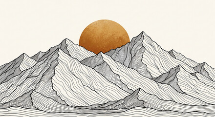 Poster - Linear art depicting mountain range with golden sun, minimalist style, symbolizing serenity, nature, and landscape art, ideal for decor or print