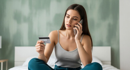 Poster - Woman on phone, holding credit card, seated on bed against green wall, showing online shopping or banking concept