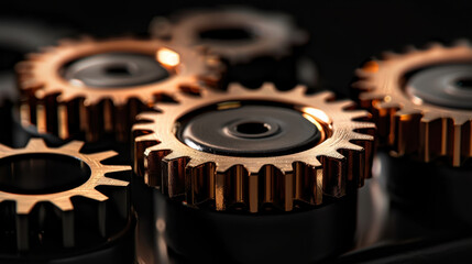 Poster - Gears with shiny copper finish are arranged closely together, showcasing intricate details and reflections. dark background enhances metallic texture and highlights craftsmanship of gears