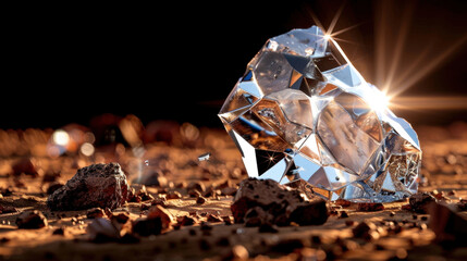 Poster - Stunning crystal glistens in light, surrounded by rocky terrain, creating captivating scene of natural beauty and elegance. interplay of light and texture enhances its allure