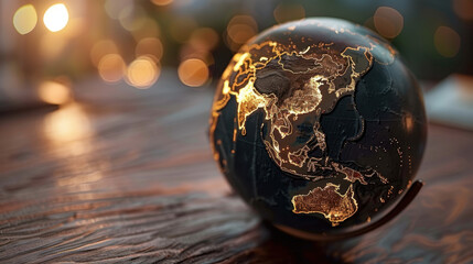 Poster - Beautifully illuminated globe showcasing Asia and Australia, wrapped in digital network lines, symbolizes global connectivity and modern technology. warm bokeh background adds cozy atmosphere
