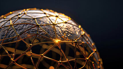 Fototapete - Close up view of globe wrapped in intricate digital network lines, showcasing blend of technology and art. glowing lines create captivating visual effect, symbolizing connectivity and innovation