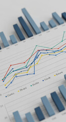 Poster - Close-up of a financial chart displaying multicolored line graphs and bar graphs, showcasing business growth and data analysis for presentation or report
