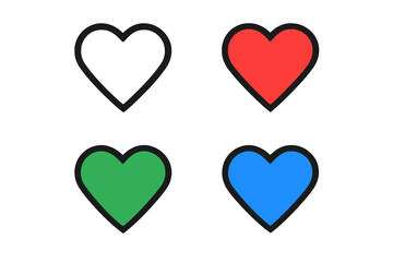 Fototapete - Heart icon set. Social media like button. Love symbol collection. Favorite sign. Valentine's day graphic element. Red, green, blue, outline hearts. Vector illustration.