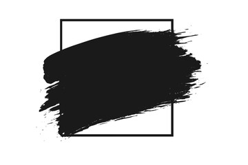 Poster - Black paint brush stroke, ink splash on square frame. Grunge texture background. Abstract vector design element for banner, sale, or modern poster. Artistic isolated blot.