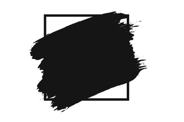 Poster - Black paint brush stroke on square frame. Grungy artistic ink splatter background. Abstract distressed texture banner. Modern design element for text, logo or promotion.