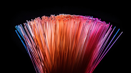Poster - Glowing fiber optic strands create vibrant display of radiant colors, showcasing mesmerizing blend of pink, orange, and purple hues against dark background
