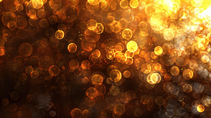 Poster - Glowing golden light texture in soft bokeh effect creates warm and inviting atmosphere, perfect for backgrounds or festive themes. shimmering circles add depth and elegance