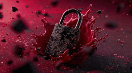 Poster - Glowing padlock breaking apart in digital fragments, surrounded by splash of red liquid, creating dramatic and intense visual effect