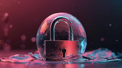 Poster - Glowing padlock is encased in holographic dome, surrounded by shimmering water droplets, creating captivating and secure atmosphere. vibrant colors enhance sense of protection and innovation