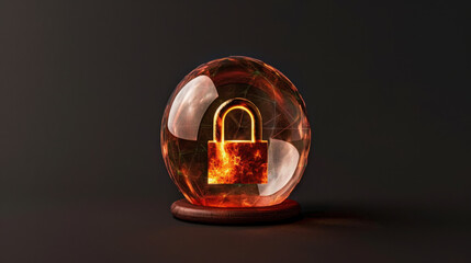 Poster - Glowing padlock is encased within holographic dome, symbolizing security and protection. vibrant colors and intricate design evoke sense of safety and innovation