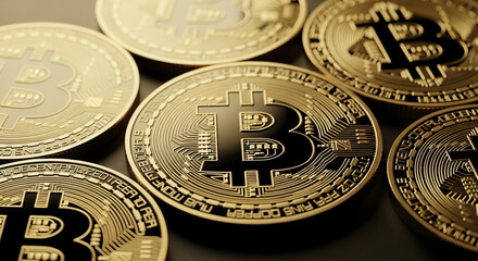 Poster - Close-up of golden Bitcoin cryptocurrency coins, showcasing intricate details and the Bitcoin symbol. Represents digital currency, finance, and blockchain technology