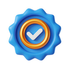 Aufkleber - A 3d blue and gold badge with a checkmark representing quality and approval in a modern design isolated on transparent background