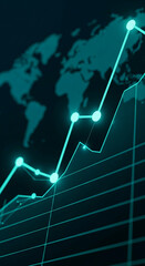 Poster - Abstract teal growth chart on world map background, symbolizing global business success and upward trend, ideal for financial or economic presentations