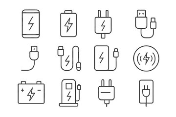 Fototapete - Charging line icon set. Power battery charge, phone charger, car EV station, wall plug adapter, USB cable symbols. Vector linear pictogram for web and mobile apps.
