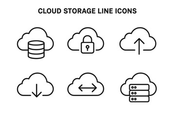 Fototapete - Cloud storage web icons. Digital database, information storage, data protection, file transmission and retrieval. Server and cloud computing outline linear vector icons set.