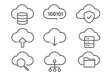 Fototapete - Cloud computing line icon set. Outline web pictograms for data storage, server, database, download, upload, network, sync and security technology. Digital service vector.