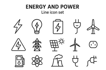 Fototapete - Energy and power line icon set. Thin linear pictograms. Electricity, renewable source, solar panel, wind turbine, nuclear atom, battery charge and plug vector illustration.