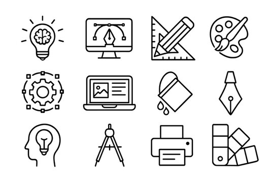 Creative process and graphic design line icons. Vector icon set for art, web design, digital drawing, and innovation. Thin line symbols of creativity, idea and designer tools.