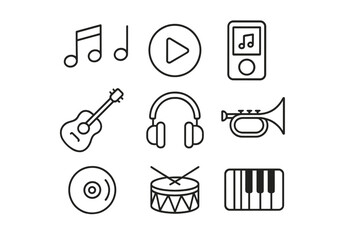 Poster - Music icon set. Linear collection of musical instruments and audio symbols. Thin line vector icons for web and app design. Guitar, piano, headphones, trumpet, drum icon.
