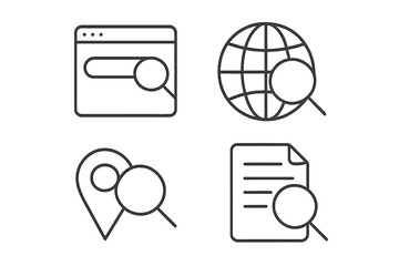 Fototapete - Search icon set. Line art symbols for web browser, global internet, document analysis, and location finding. Vector UI and UX elements for data research and navigation.