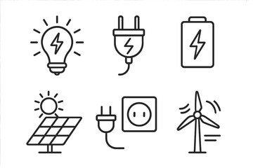 Fototapete - Energy icon set. Collection of simple line art symbols for electricity. Power concepts like battery, plug, and socket. Renewable and sustainable sources like solar panels and wind turbines.