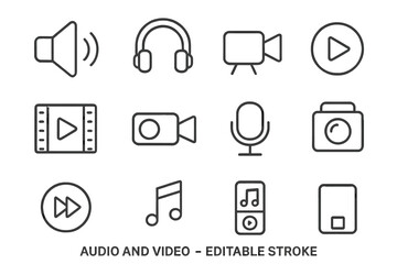 Fototapete - Audio video line icon set. Simple multimedia symbols for web and app design. Music, movie, camera, microphone, and player buttons. Editable stroke vector illustration collection.