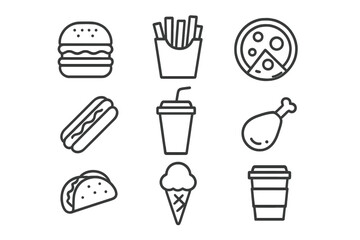 Poster - Fast food line icons set. Vector collection of simple outline symbols for menu. Burger, pizza, hot dog, fries, soda, taco, chicken, ice cream. Unhealthy eating concept.
