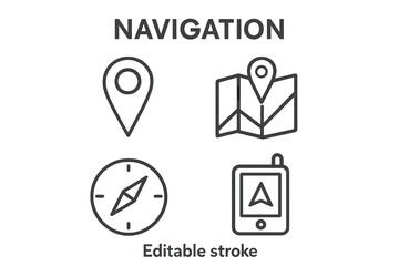 Fototapete - Navigation line icon set. GPS navigator, map with pin, location pointer, and compass direction symbols. Editable stroke vector for travel, route, and guide apps.