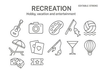 Aufkleber - Recreation and hobby line icon set. Thin line icons for vacation and entertainment. Includes guitar, camera, painting, fishing, volleyball, travel, and gambling concepts.