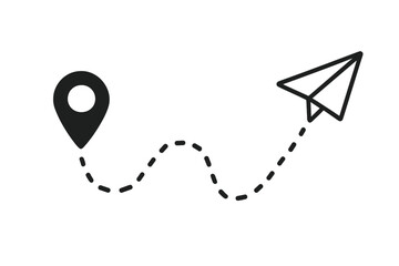 Poster - Paper airplane flight path from a start point. Geolocation pin with dotted line route. Travel and tourism concept. Destination, journey, navigation and direction track.