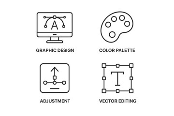 Fototapete - Graphic design line icon set. Vector editing, color palette, adjustment, and typography icons. Thin line art for web design, UI, UX, and creative process illustration.