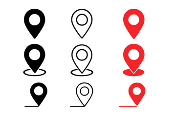 Poster - Map location pin icon set. GPS navigation pointer marker collection. Vector destination symbol in red and black, solid and outline style. Isolated graphic design elements.