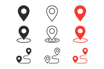 Poster - Map location icon set. GPS navigation pin collection. Position marker symbol for destination or route. Red and black pointer signs for direction, travel, and geotagging.