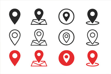 Poster - Map location pin icon set. GPS navigation marker symbol collection. Red and black pointers for destination, address, and position. Isolated vector graphic design elements.