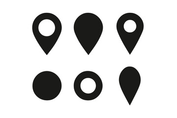 Poster - Map location icon set. GPS pin and marker for destination point. Navigation pointer symbol for address or place. Position geotag silhouette shape. Vector graphic collection.