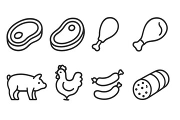 Poster - Meat products line icon set. Food outline icons. Beef steak, pork, chicken leg, sausage, salami. Butchery concept. Farm animals. Vector graphic for grocery, menu, app.
