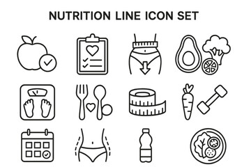 Poster - Nutrition line icon set. Diet, weight loss, and healthy lifestyle concepts. Vector outline pictogram collection for web and app design. Includes healthy food, fitness, and meal plan symbols.