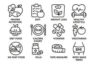 Fototapete - Nutrition line icon set for a healthy lifestyle. Vector concepts of diet, weight loss, food, calorie counting, vitamins, vegetarianism, BMI, fitness, and no fast food pictograms.