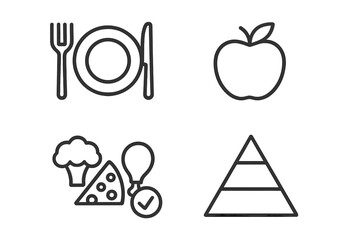 Poster - Healthy eating and nutrition line icons set. Vector pack includes food pyramid, balanced meal plate, apple, and food groups for a healthy diet. Simple outline symbols.