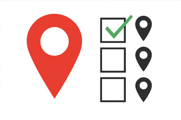 Poster - Map pointer location pin icon set with checklist. GPS navigation and destination selection concept. Vector marker and checkbox for travel app, website UI, or route planning.