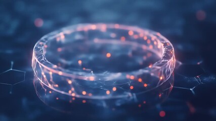 Poster - Abstract ring-shaped structure with interconnected glowing nodes emitting orange light against a blue background futuristic design