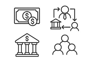 Poster - Business and finance icon set. Line art symbols for money, banking, teamwork, and management. Vector pictogram collection for corporate strategy, payment, and transactions.